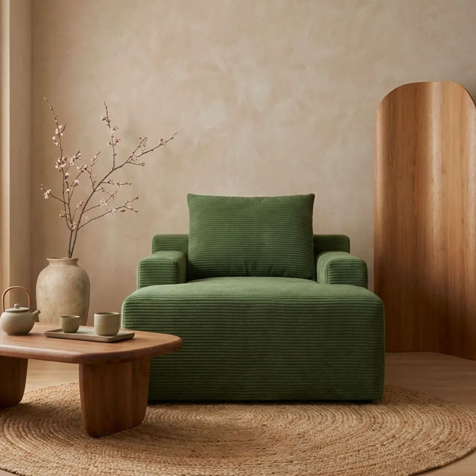 Fauteuil lounge style méridienne Rodin Velours côtelé Vert