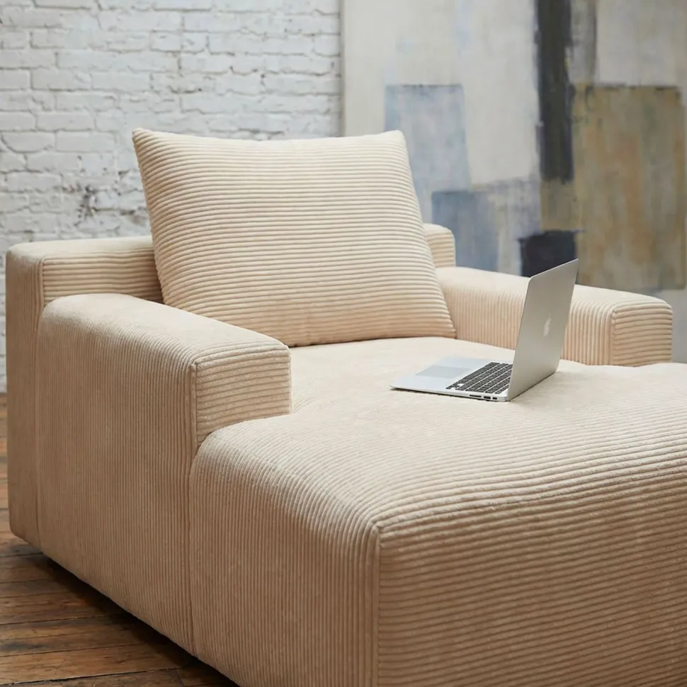 Fauteuil lounge style méridienne Rodin Velours côtelé Beige