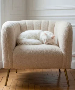 Fauteuil moderne Bombaro pieds métal doré et Tissu bouclette Beige