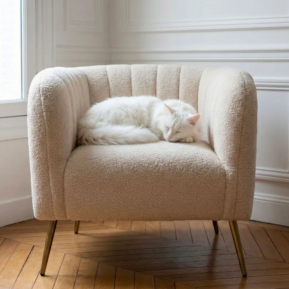 Fauteuil moderne Bombaro pieds métal doré et Tissu bouclette Beige