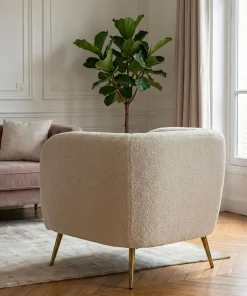 Fauteuil moderne Bombaro pieds métal doré et Tissu bouclette Beige