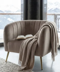 Fauteuil moderne Bombaro pieds métal doré et Velours Taupe