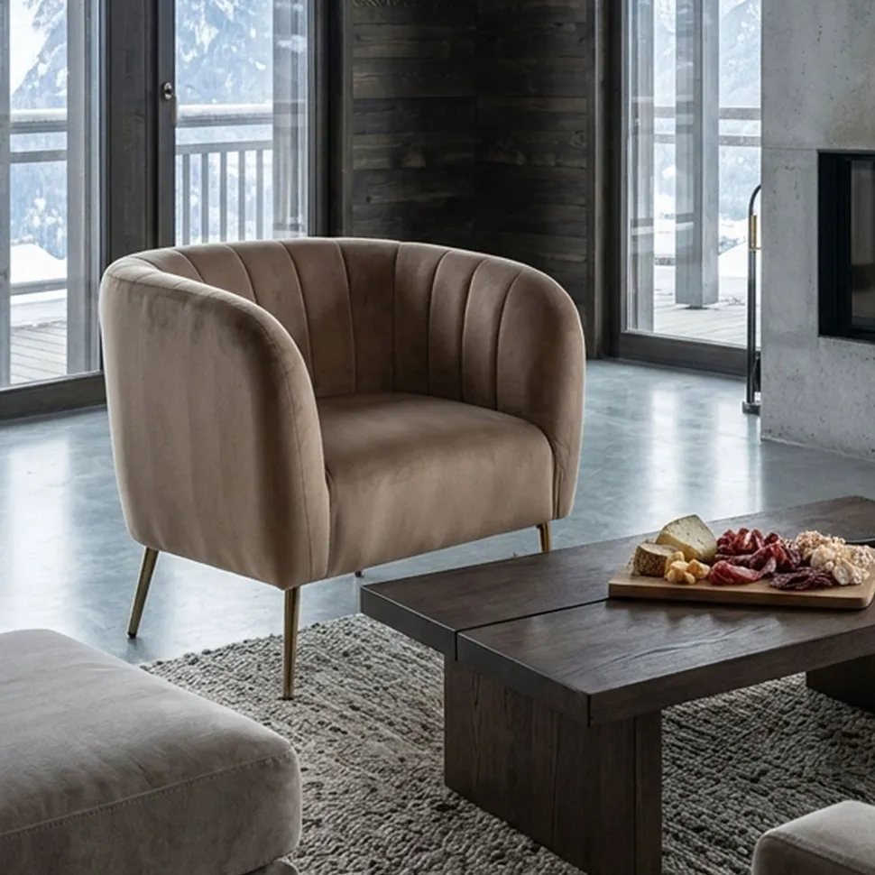 Fauteuil moderne Bombaro pieds métal doré et Velours Taupe