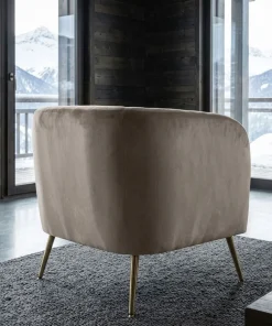 Fauteuil moderne Bombaro pieds métal doré et Velours Taupe