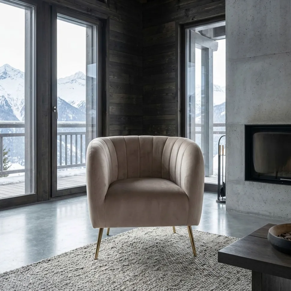 Fauteuil moderne Bombaro pieds métal doré et Velours Taupe