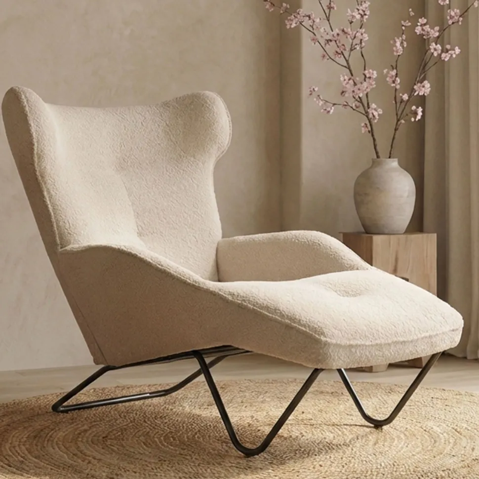 Fauteuil méridienne style bergère relax Shirley Tissu bouclette Beige