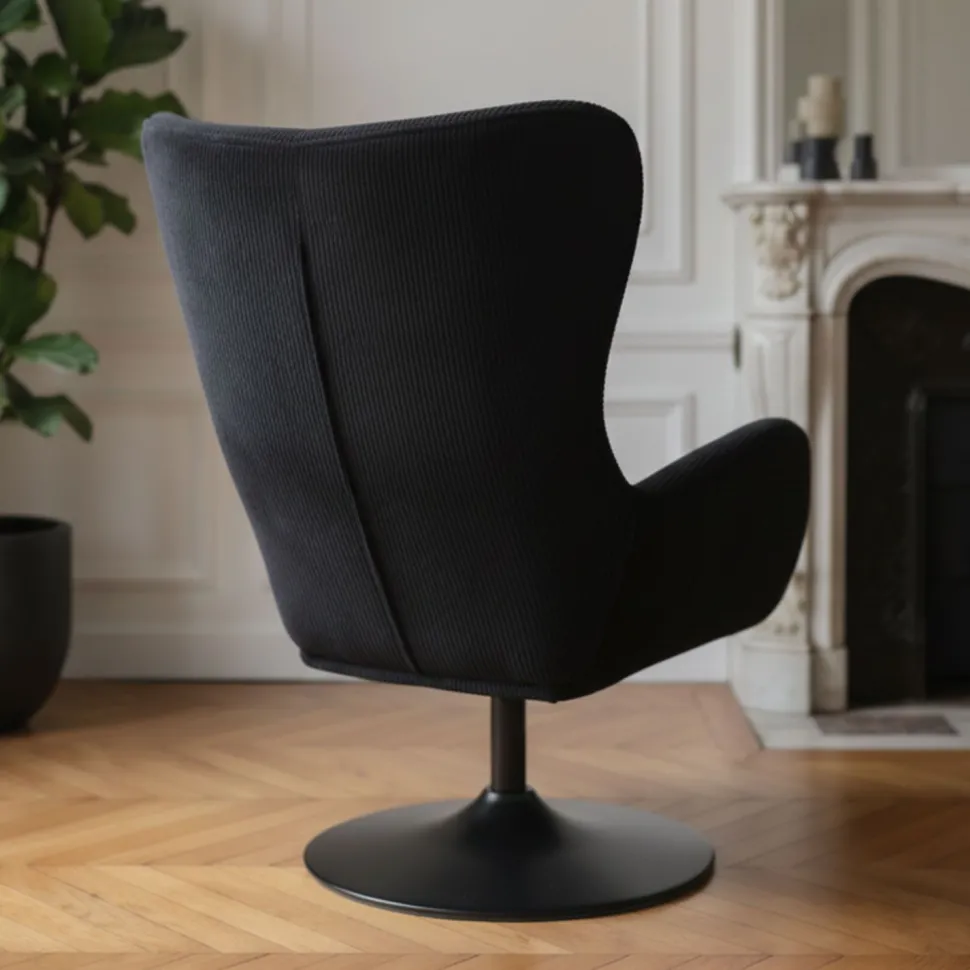 Fauteuil pivotant style bergère Arthuro Velours côtelé Noir