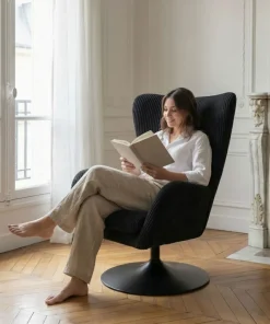 Fauteuil pivotant style bergère Arthuro Velours côtelé Noir