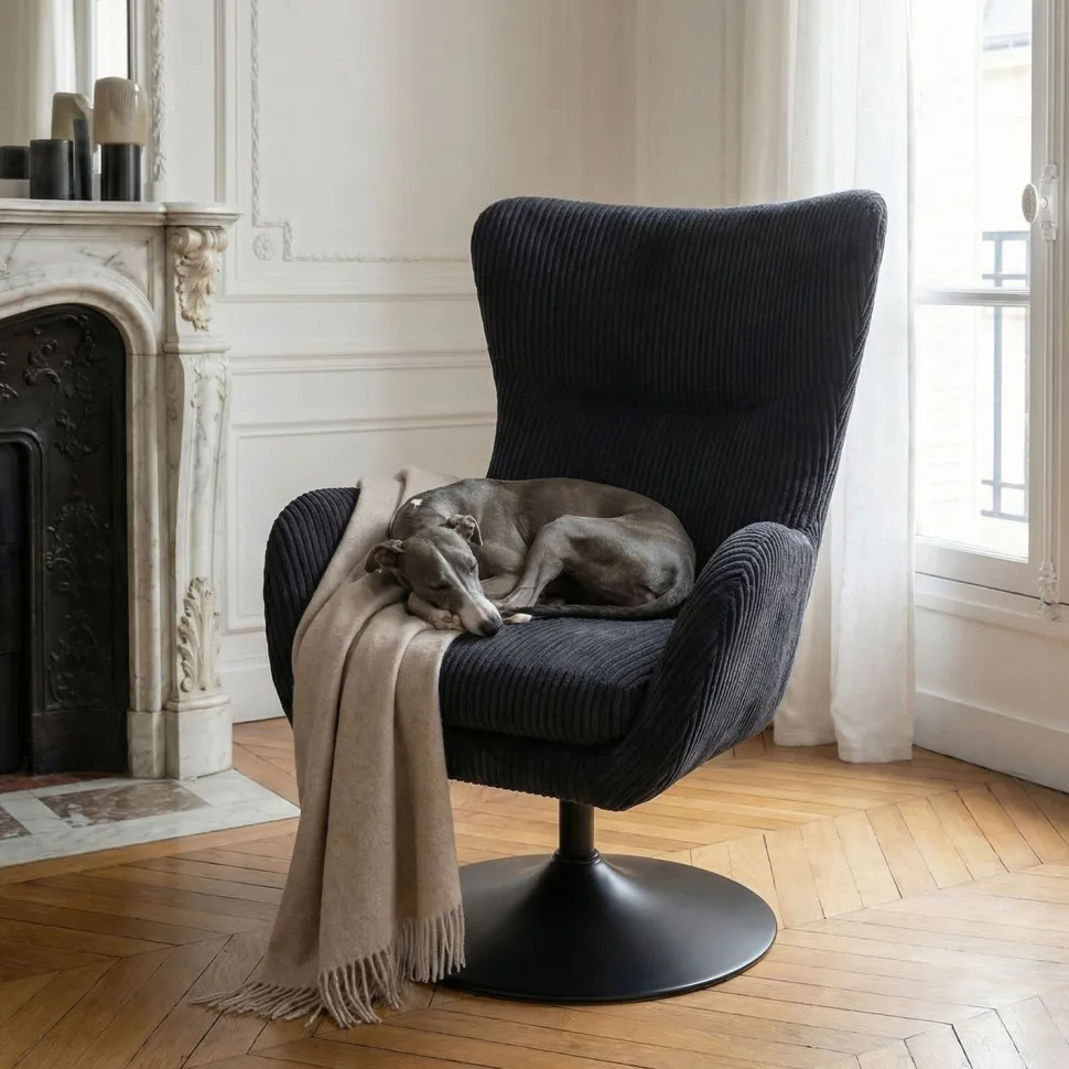 Fauteuil pivotant style bergère Arthuro Velours côtelé Noir