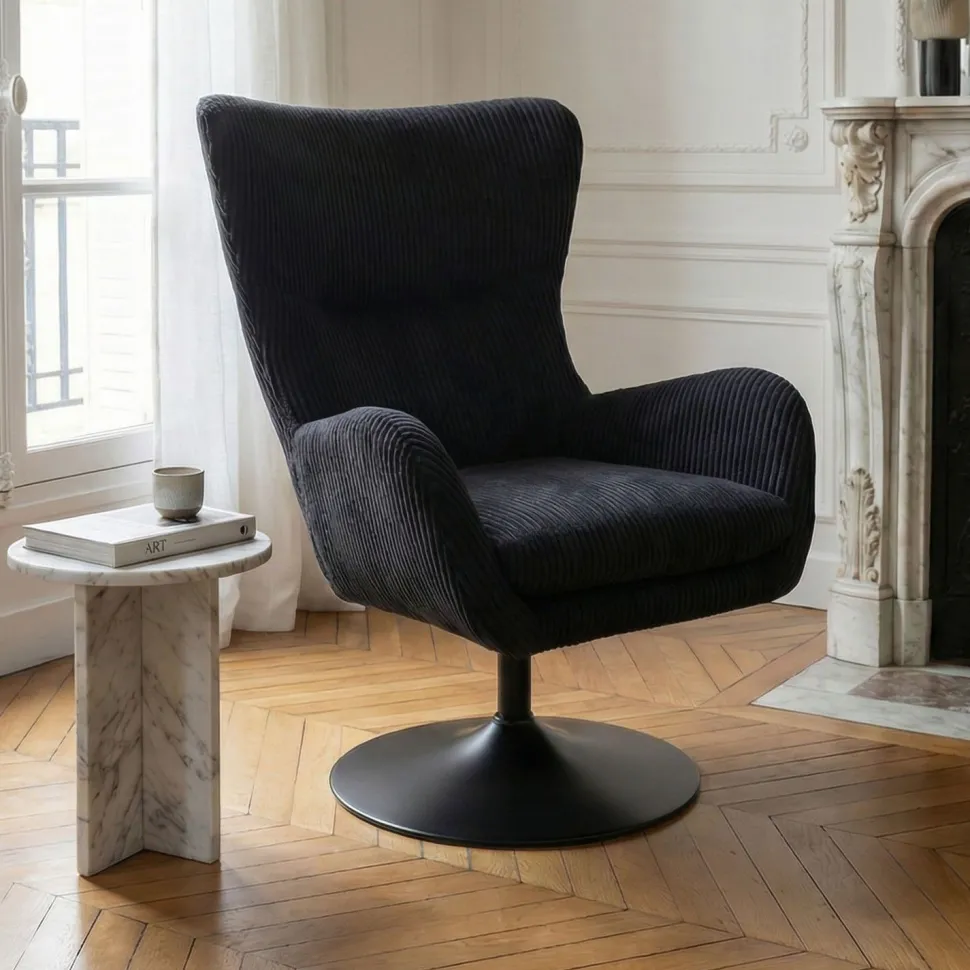 Fauteuil pivotant style bergère Arthuro Velours côtelé Noir