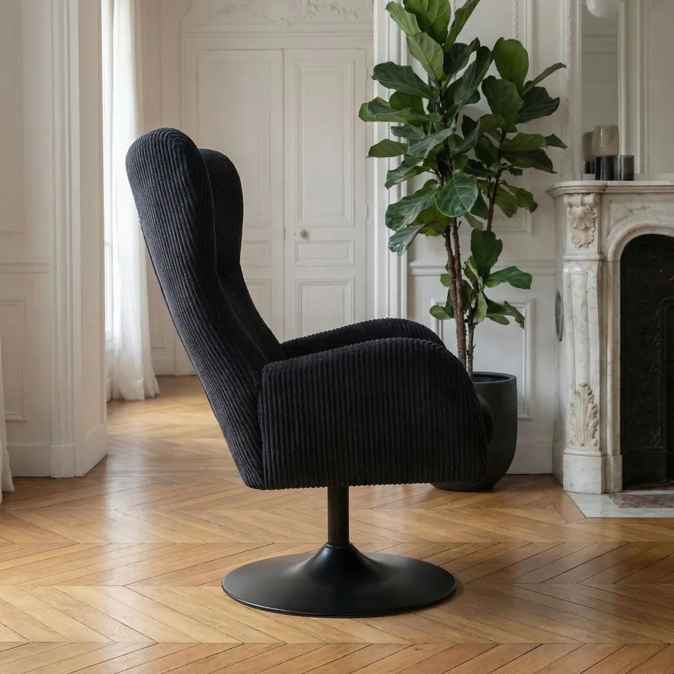 Fauteuil pivotant style bergère Arthuro Velours côtelé Noir