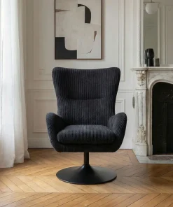 Fauteuil pivotant style bergère Arthuro Velours côtelé Noir