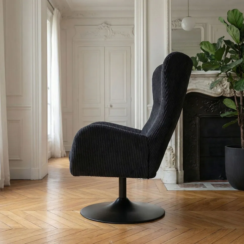 Fauteuil pivotant style bergère Arthuro Velours côtelé Noir
