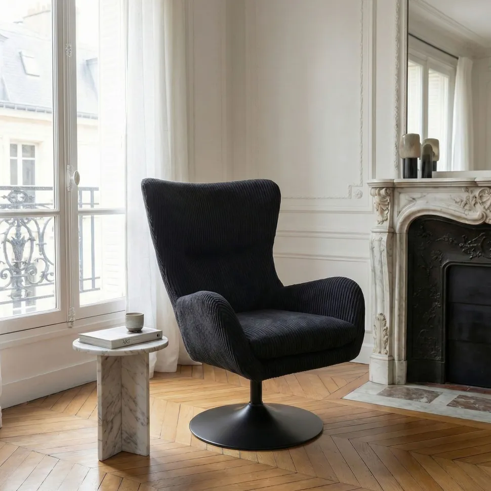 Fauteuil pivotant style bergère Arthuro Velours côtelé Noir