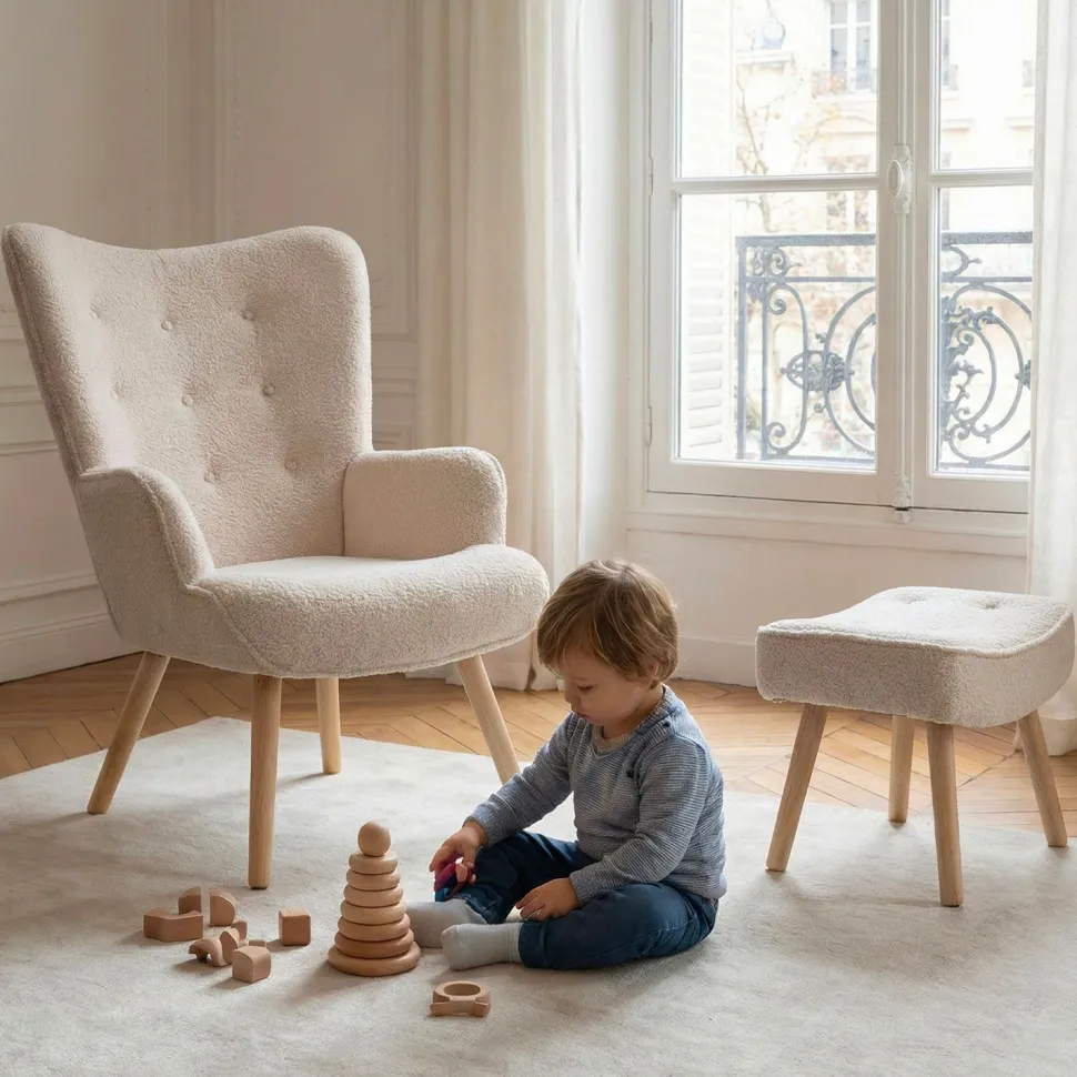 Fauteuil scandinave + pouf Lylou Tissu bouclette lainée Crème