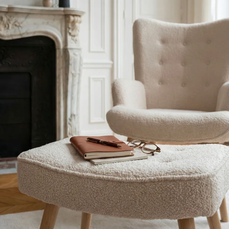 Fauteuil scandinave + pouf Lylou Tissu bouclette lainée Crème