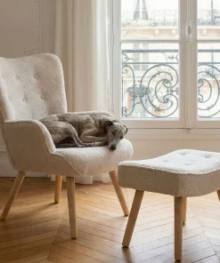 Fauteuil scandinave + pouf Lylou Tissu bouclette lainée Crème