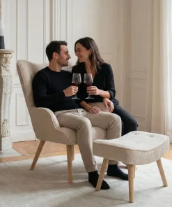 Fauteuil scandinave + pouf Lylou Tissu bouclette lainée Crème