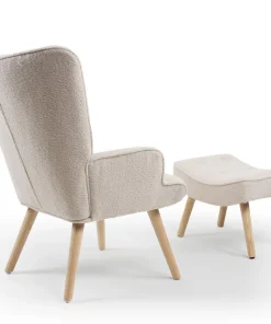 Fauteuil scandinave + pouf Lylou Tissu bouclette lainée Crème
