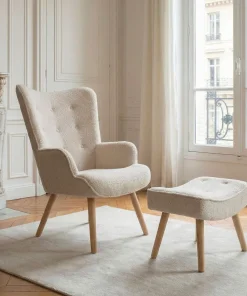 Fauteuil scandinave + pouf Lylou Tissu bouclette lainée Crème