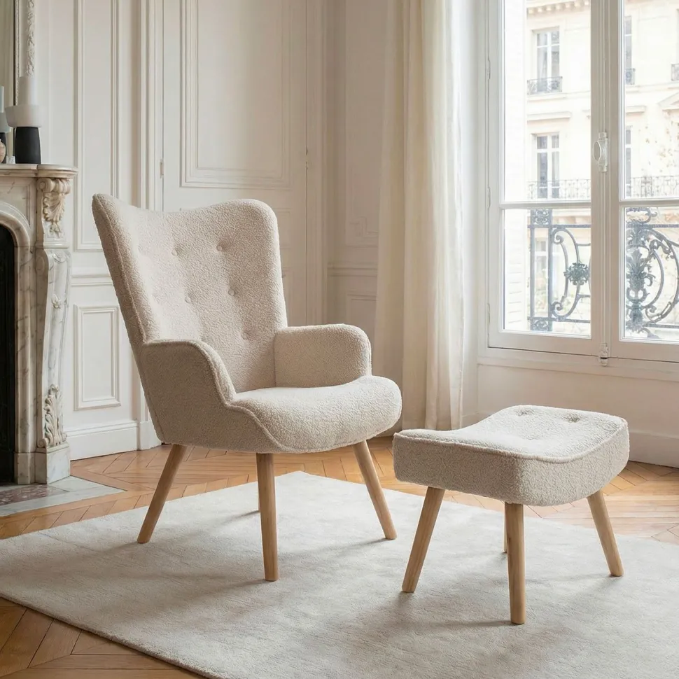 Fauteuil scandinave + pouf Lylou Tissu bouclette lainée Crème