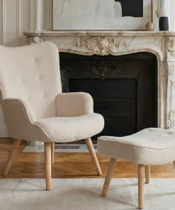Fauteuil scandinave + pouf Lylou Tissu bouclette lainée Crème