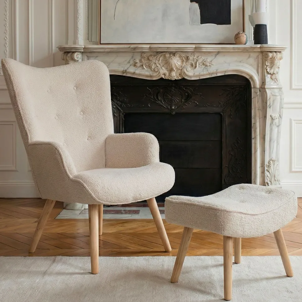 Fauteuil scandinave + pouf Lylou Tissu bouclette lainée Crème
