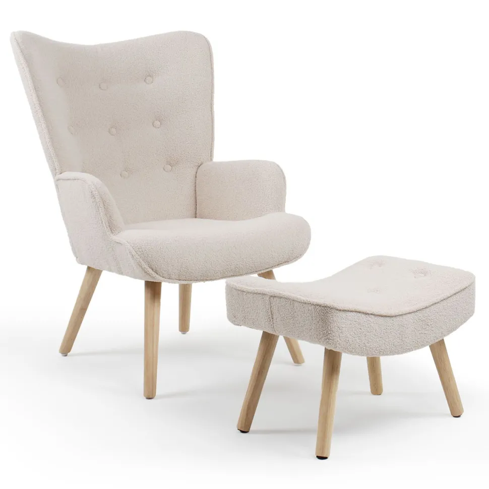 Fauteuil scandinave + pouf Lylou Tissu bouclette lainée Crème