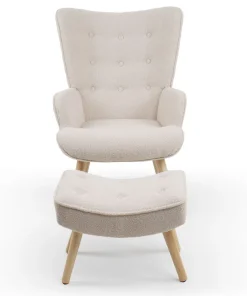 Fauteuil scandinave + pouf Lylou Tissu bouclette lainée Crème