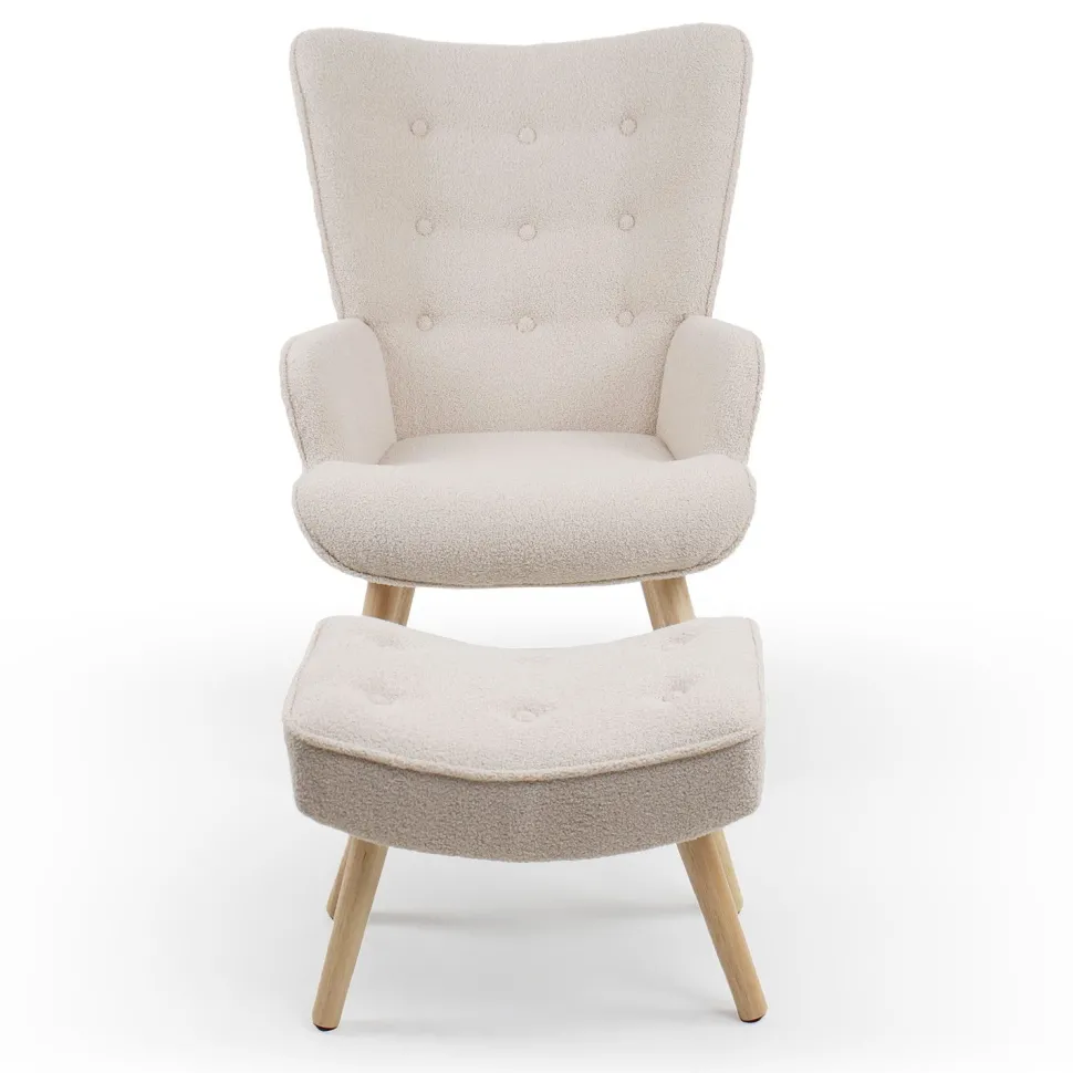 Fauteuil scandinave + pouf Lylou Tissu bouclette lainée Crème