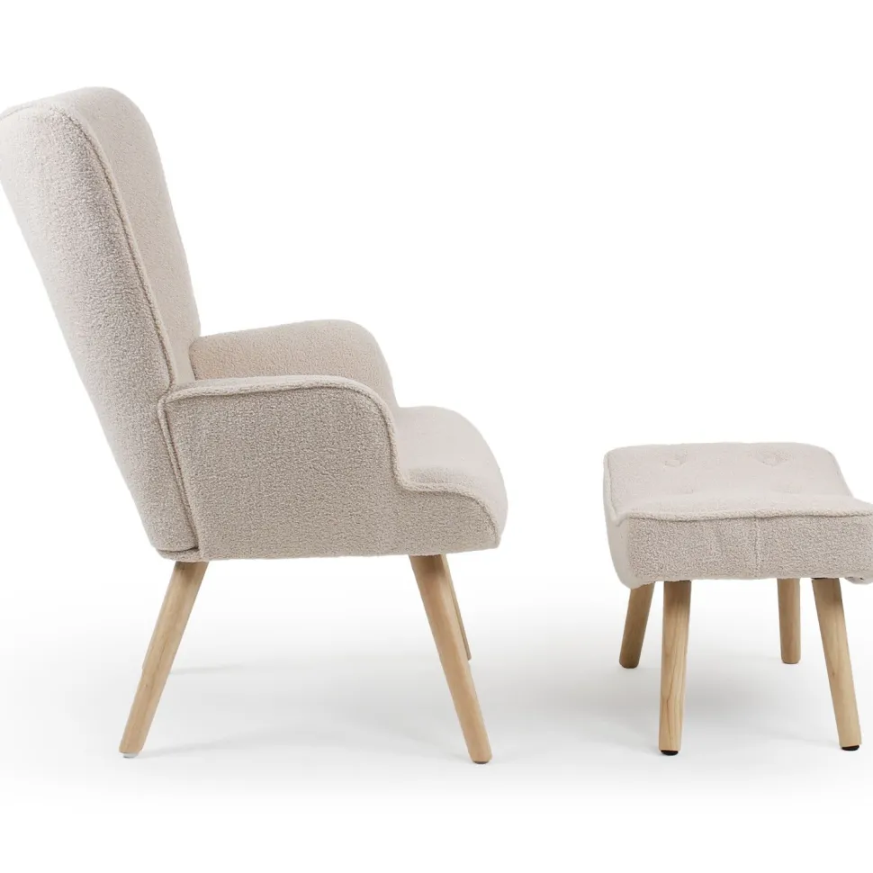 Fauteuil scandinave + pouf Lylou Tissu bouclette lainée Crème