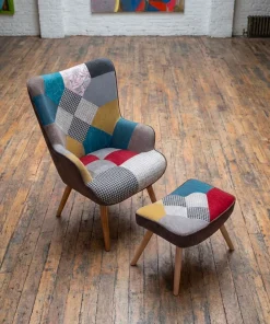Fauteuil scandinave + pouf Lylou Tissu Patchwork