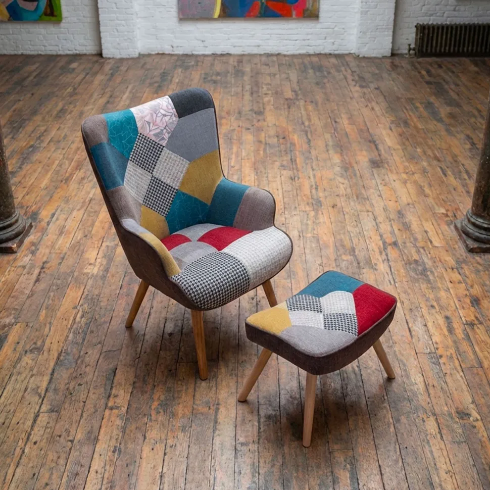 Fauteuil scandinave + pouf Lylou Tissu Patchwork