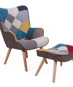 Fauteuil scandinave + pouf Lylou Tissu Patchwork