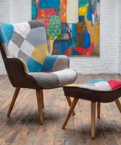 Fauteuil scandinave + pouf Lylou Tissu Patchwork
