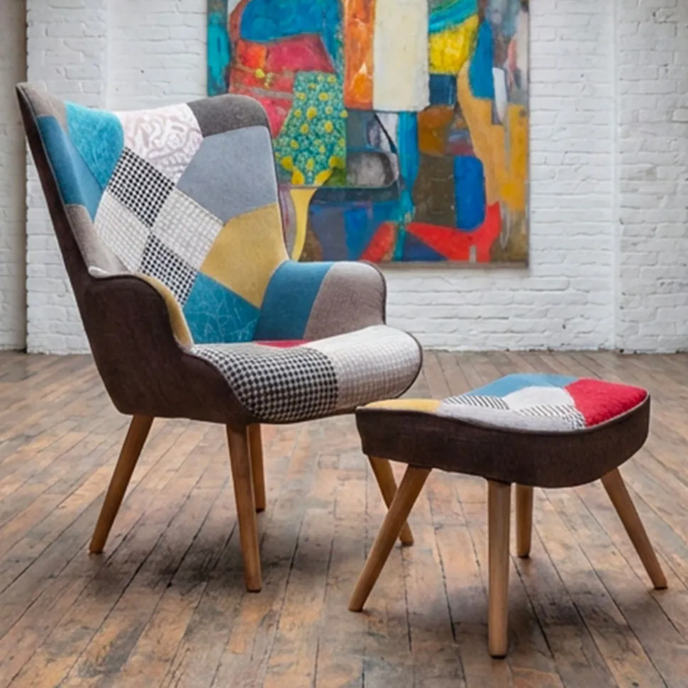 Fauteuil scandinave + pouf Lylou Tissu Patchwork