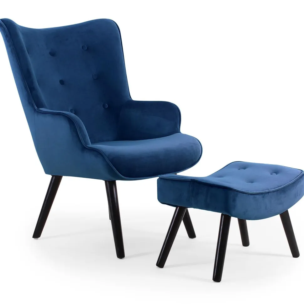 Fauteuil scandinave + pouf Lylou Velours Bleu