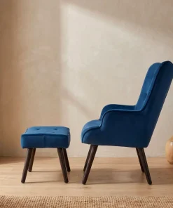 Fauteuil scandinave + pouf Lylou Velours Bleu