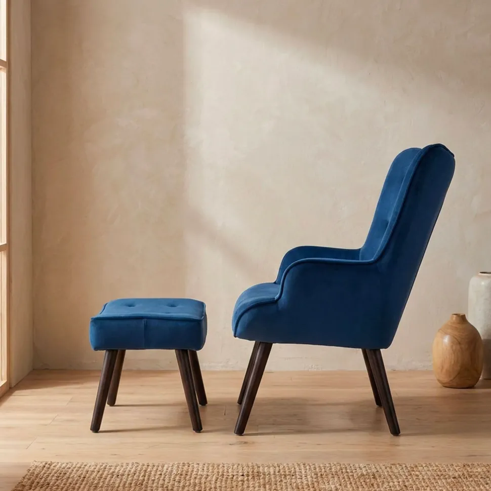 Fauteuil scandinave + pouf Lylou Velours Bleu