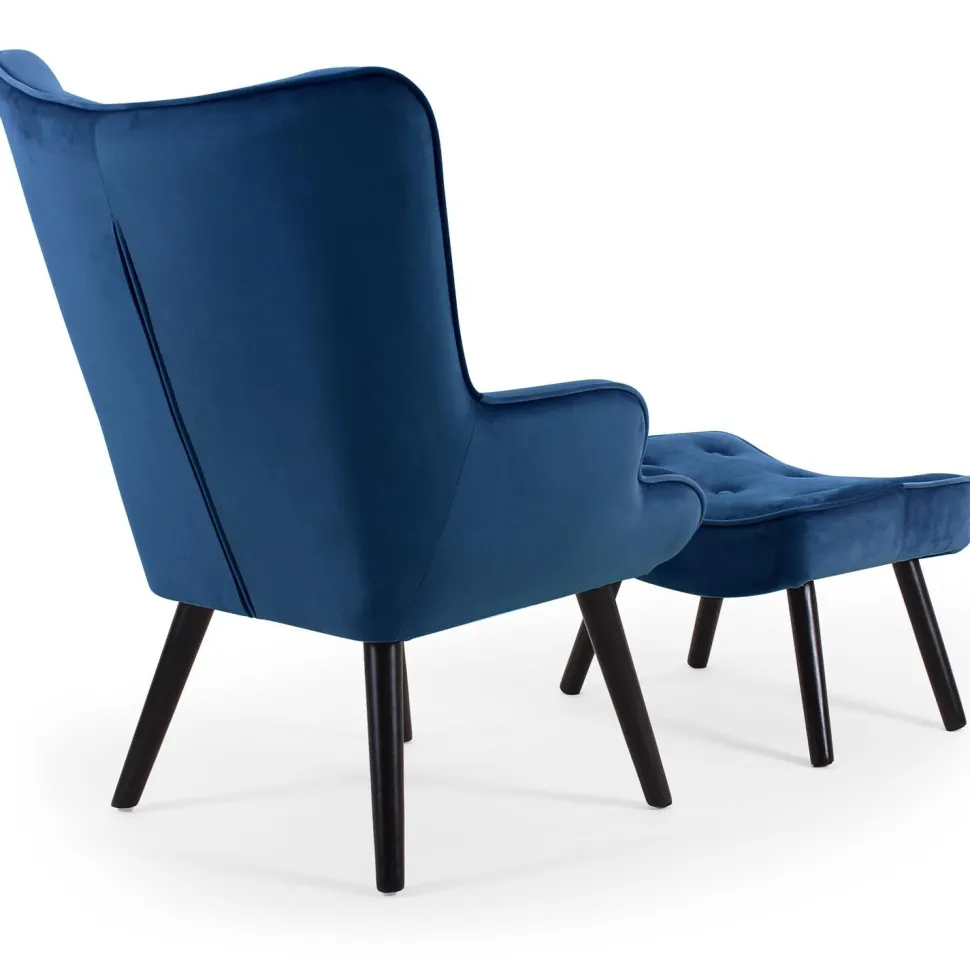 Fauteuil scandinave + pouf Lylou Velours Bleu