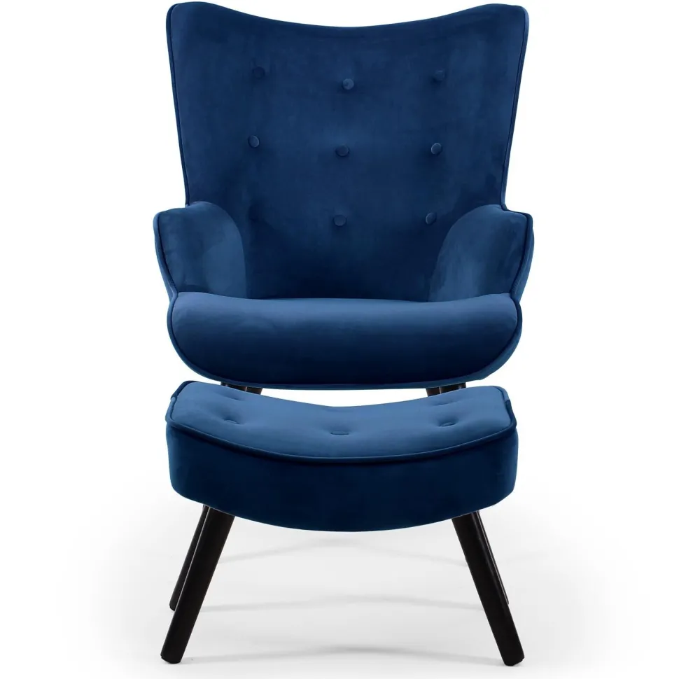Fauteuil scandinave + pouf Lylou Velours Bleu
