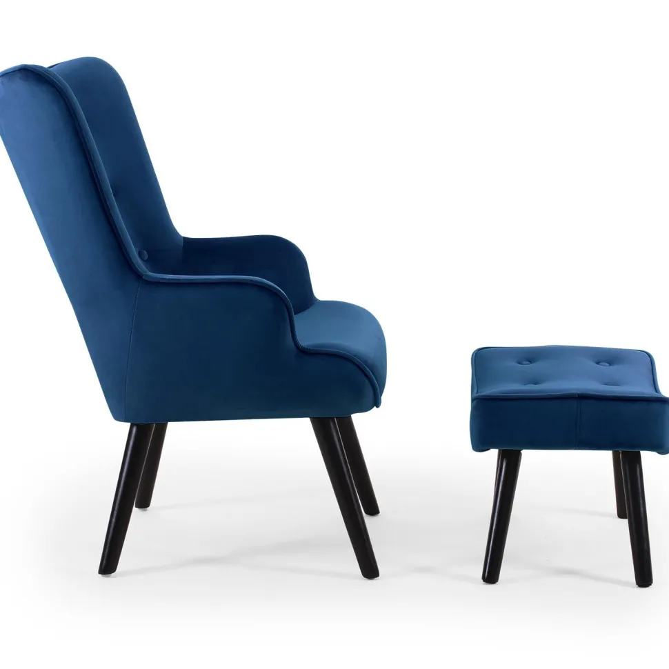 Fauteuil scandinave + pouf Lylou Velours Bleu
