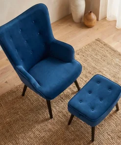 Fauteuil scandinave + pouf Lylou Velours Bleu