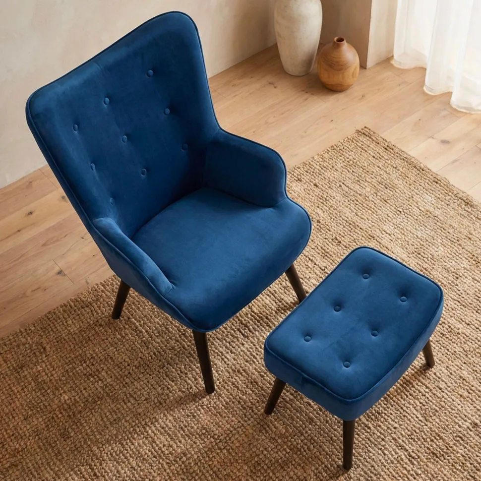 Fauteuil scandinave + pouf Lylou Velours Bleu