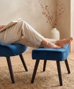 Fauteuil scandinave + pouf Lylou Velours Bleu