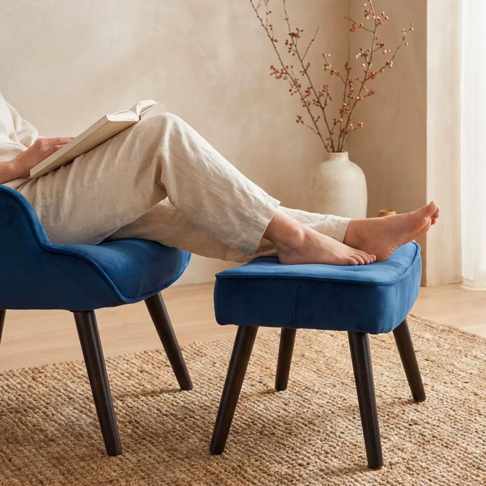 Fauteuil scandinave + pouf Lylou Velours Bleu