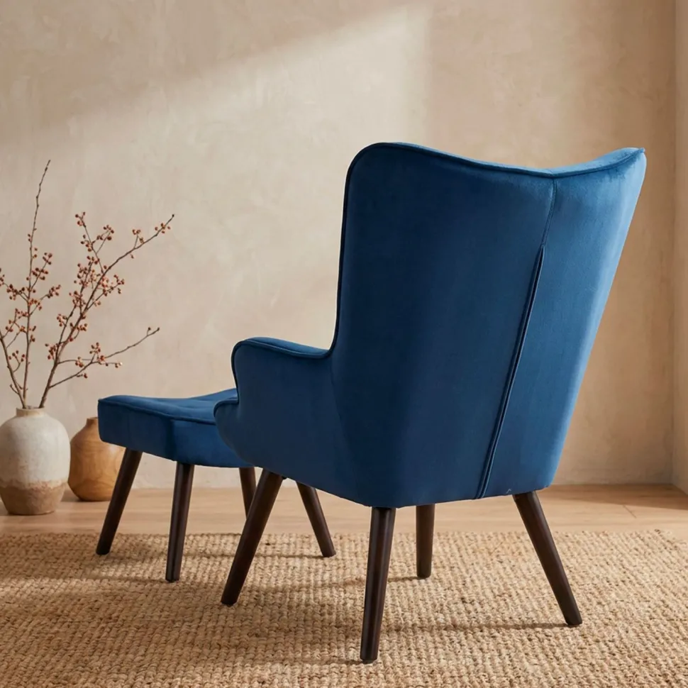 Fauteuil scandinave + pouf Lylou Velours Bleu
