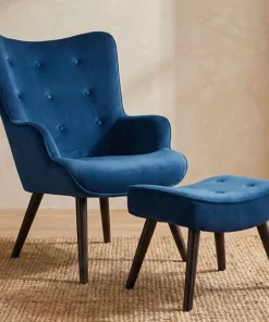 Fauteuil scandinave + pouf Lylou Velours Bleu