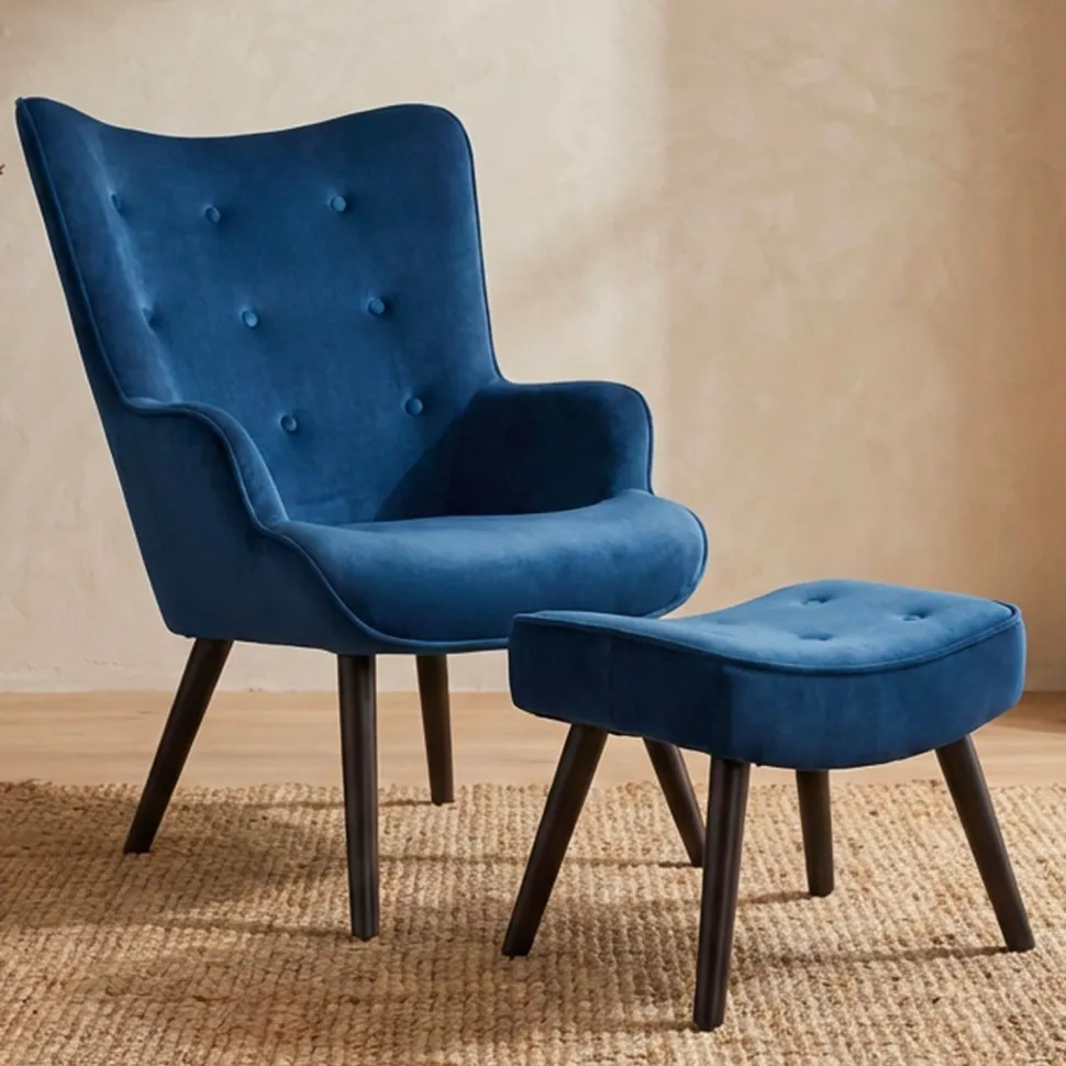 Fauteuil scandinave + pouf Lylou Velours Bleu