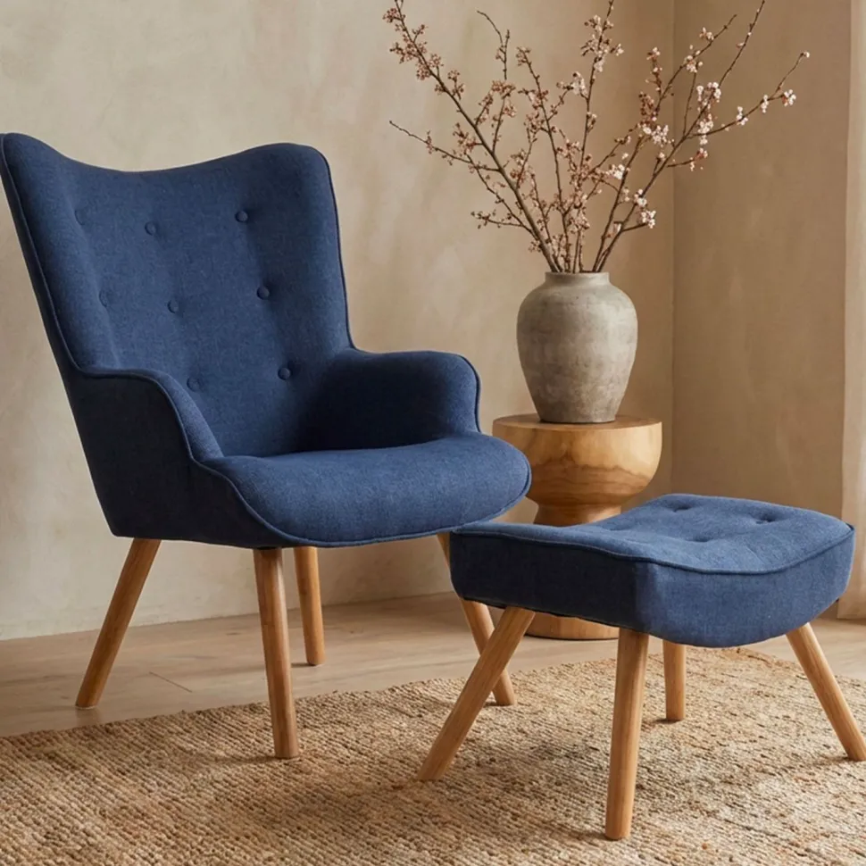 Fauteuil scandinave + pouf Lylou Tissu Bleu